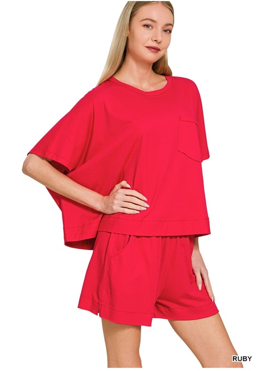 Zenana Outfitters Pants - 115. EXPOSED SEAM BOXY TOP & SHORTS SET in ruby red